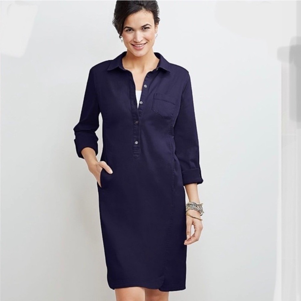 J. Jill Live In Chino Shirt Dress Women 8P Navy Blue Roll Tab Sleeve Pockets NWT